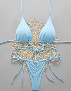 Conjunto de Bikini Azul Cielo para Mujer, Color Sólido, Detalle Metálico, Traje de Baño Sexy de Dos Piezas para Playa - Product Image 4
