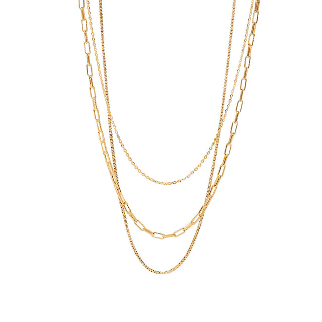 18K Gold-plated Paper Clip Box Chain Layered Necklace Stainless Steel Link Three-layer Necklace Woman