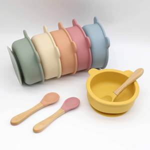 Ensemble de vaisselle d'apprentissage pour bébé : Bol à ventouse motif ours mignon, cuillère et fourchette à manche en bois, et ustensiles en silicone - Product Image 3