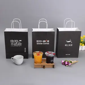 कस्टम क्राफ्ट हैंडल के साथ Takeaway पेपर बैग Recyclable सफेद पेपर बैग बुलबुला चाय कॉफी कप खाद्य पैकेजिंग बैग