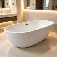 Baignoire autoportante ovale moderne en acrylique pur, écologique, minimaliste, personnalisée, blanc brillant, avec drain à air