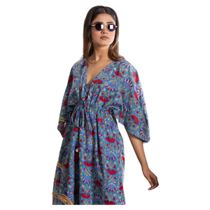 Red And Water Blue Printed Dress For <b>Women</b> With <b>Cape</b> Sleeves V Neckline And Flared Hem For Stylish Casual Fashion And Party Wear - Product Image 1