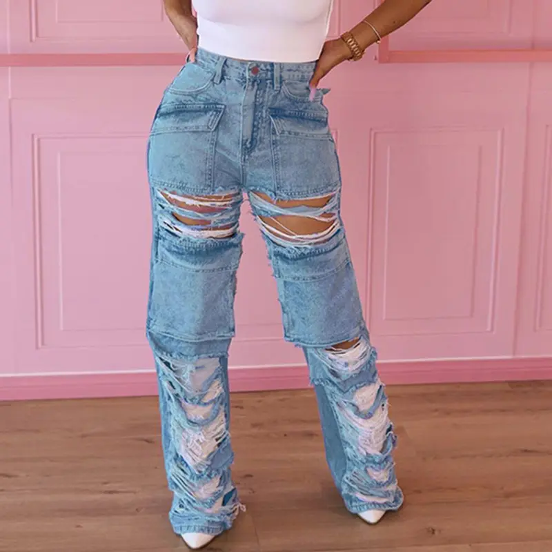 Ingrosso di alta qualità in cotone con tasca dritta denim pantaloni cargo estivi sexy alla moda forati jeans donna