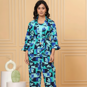 Femmes doux imprimé fleuri bleu Coord ensemble deux pièces ensemble décontracté cravate-teinture costume 3/4 manches 2 pièces femmes ensemble - Product Image 1