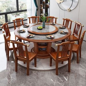 Ensemble table et chaises de salle à manger rondes de style chinois en bois massif avec plateau en pierre, grand mobilier de salle à manger pour les réunions de famille à la maison - Product Image 1