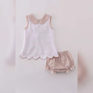 ชุดฤดูร้อนสองชิ้นสำหรับสาวๆชุดเซ็ตกุ้มมีระบายสีน้ำตาลขาวมีสไตล์และสวมใส่สบาย - Product Image 1