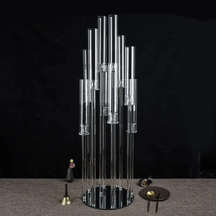 Luxury Dining Set 9 Arms Tube Candlestick Glass Candelabra Crystal Wedding Centrepiece
