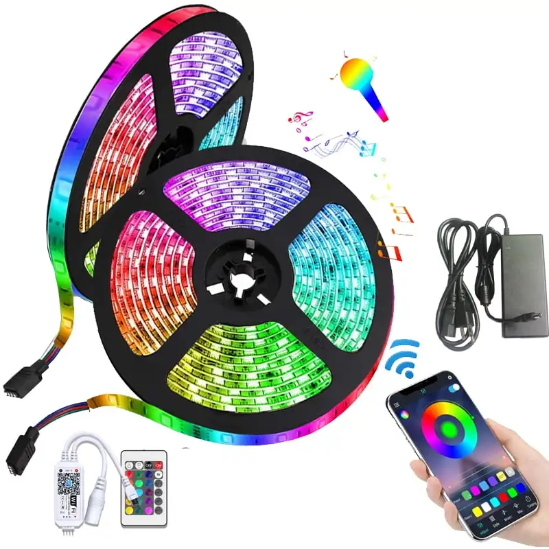 Rgb led 스트립 라이트 유연한 원격 제어 와이파이 스마트 멀티 컬러 5m 12v 5050 rgb led 픽셀 스트립 조명