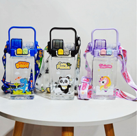 Bouteille d'eau carrée pour enfants de 520 ml, sans BPA, double bec, en plastique, avec paille et sangle, motif dessin animé, portable pour l'école