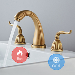 Robinet de lavabo double poignée en laiton doré, eau froide et chaude, 3 trous, style antique de luxe, pour salle de bain TZZJ-B-002 - Product Image 3