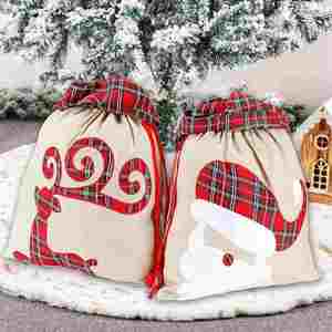 Monogram <b>Christmas</b> Burlap Plaid Applique Santa Sacks Cute Drawstring Kids Large <b>Gift</b> Candy Pouch for Holiday Home Decor - Product Image 2