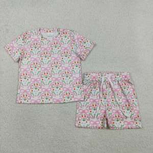 GSSO3379 RTS Ensemble de vêtements d'été pour petite fille, imprimé fleurs et nœuds roses, pyjama pour enfant à manches courtes, vente en gros - Product Image 6