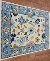Tapis en laine tufté à la main, antistatique, écologique, insonorisant, adapté aux animaux domestiques, à poils moyens, bleu beige, motif floral sur le bord