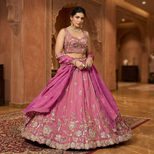 Rani Pink Tissue <b>Lehenga</b> Choli with Zari Embroidery Dupatta Set for Women Wear Sleeveless Floor-Length - Product Image 1