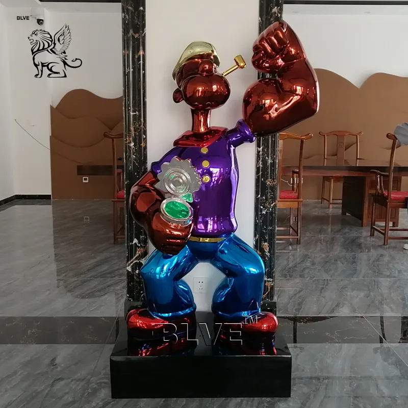 Indoor Modern Art Famous Artist Life Size Electroplate Spray Plating Stainless Steel Popeye Statues Metal Sculpture