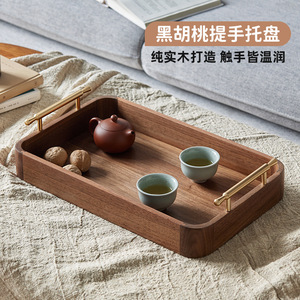 Solid Wood <b>Tray</b> Black Walnut Handle Rectangular Serving For Tea Coffee Hotel Use - Product Image 1