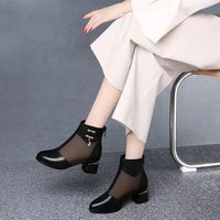 Bottes à talon épais classiques coréennes respirantes en maille pour femme, noires, été-automne