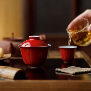 Guanlan Palace Museum Red Ceramic Gaiwan With Lid Hand Painted Double Lines Porcelain <b>Tea</b> Bowl For Kung Fu <b>Tea</b> <b>Set</b> - Product Image 4
