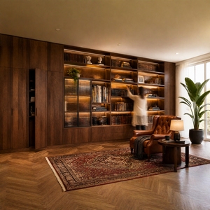 Estantería de Pared Moderna Italiana de Lujo Personalizada con Iluminación LED, Muebles de Biblioteca de Madera Oscura para Proyectos de Villas y Oficinas - Product Image 1