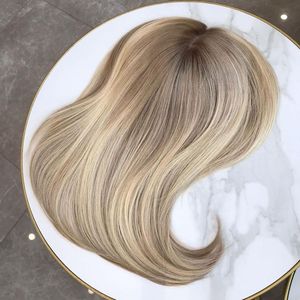 Fournisseur chaud pince à cheveux blond cendré surbrillance toupet vierge cheveux russes dos tissé base en soie Toppers cuir chevelu pour femmes - Product Image 2