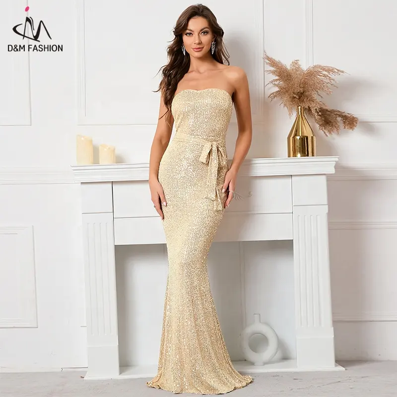 D&M Wholesale Champagne Sexy Tubeless Backless Sequined Tie Waist Sleeveless Maxi Party Elegant Women Evening Dresses Women