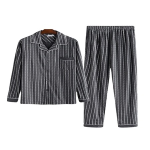 Wholesale Polyester/Cotton Blend Mens Dark Gray Striped <b>Thermal</b> Pajamas Set Comfortable Button Long Sleeve Loungewear Plus Size - Product Image 1