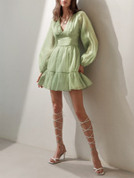 Automne nouveau Streaming brillant élégant soie français robe courte femmes taille haute Style à manches longues Satin teinte robe