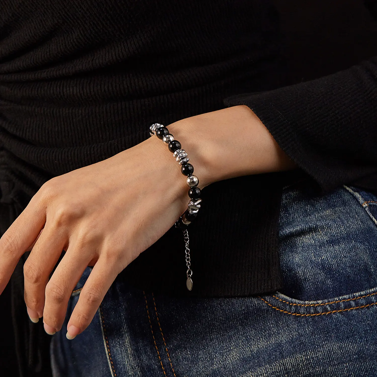 Unisex Adjustable Fashion Waterproof Non-Tarnish Simple Natural Stone Beaded Stainless Steel Jewelry Bracelet