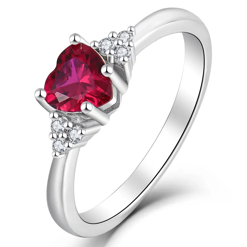 Wholesale OEM Women Engagement Wedding Anniversary Jewelry Gifts Rhodium Plated 925 Sterling Silver Romantic Red Heart Ruby Ring