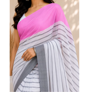 Sari de Algodón Blanco con Borde para Mujer, Ligero, Transpirable, Ropa Étnica Tradicional India, Colección de Moda Premium - Product Image 1
