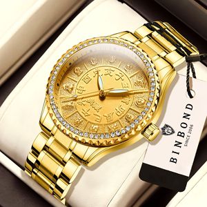 Binbond Gold Plated Diamond Dial Zodiac Men's Watch Stainless Steel Band Quartz Movement Waterproof Gift Watch - Product Image 1