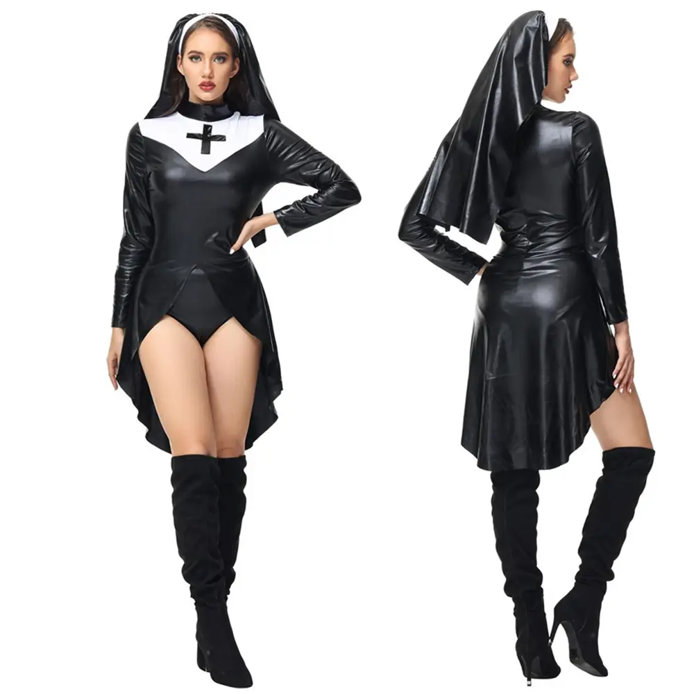 Sexy Nonne Kostüm für Frauen Kunstleder Bad Naughty Nun Rollenspiel Kostüm Halloween Virgin Mary Cosplay Kostüm