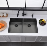 Évier de cuisine en acier inoxydable noir à double bac de 33 pouces, standard américain, fait main, à encastrer sous plan avec égouttoir