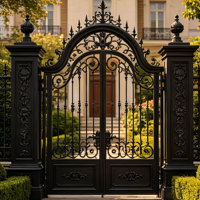 Portail d'entrée en fer forgé vintage français, orné de sculptures en spirale, en métal noir, pour villa de luxe