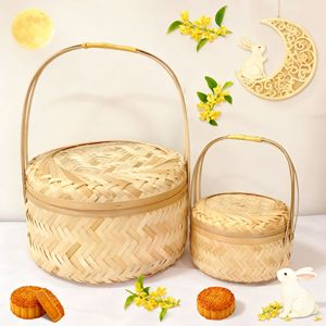 Bamboo Woven Mooncake Gift <b>Basket</b> Round With Lid <b>Large</b> And Small Size For Food <b>Storage</b> Kitchen Use - Product Image 1