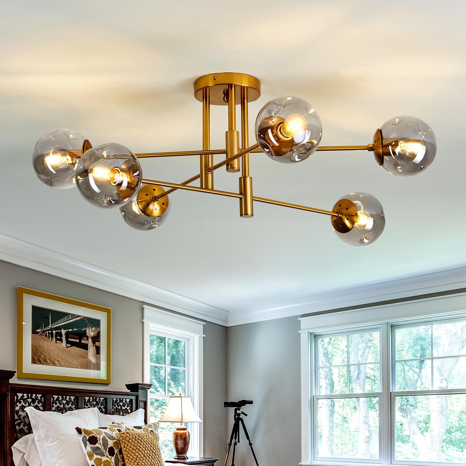 TSINYE Black and Gold Modern Sputnik Chandelier Ceiling Light Fixtures Mid Century Industrial Metal Semi Flush Mount Lamp