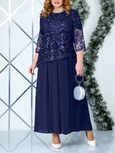 Abito <span class=keywords><strong>da</strong></span> sera lungo <span class=keywords><strong>da</strong></span> donna taglie forti con ricami in pizzo, maniche a 3/4, tinta unita, scollo a O, per invitati a matrimoni e feste africane - Product Image 3