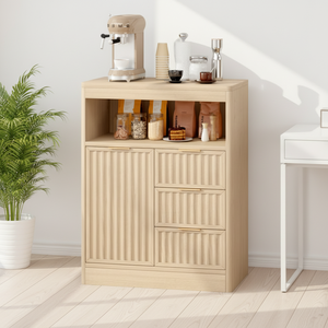 SMORBOSS Modern Oak Panel Coffee Bar Cabinet Fluted Design 3 Drawers Adjustable <strong>Shelf</strong> Rounded <strong>Edges</strong> Dining Room <strong>Living</strong> Room - Product Image 1