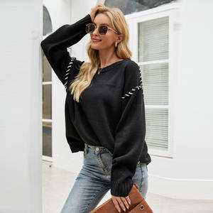 Mills Sisters élégant femmes haut à manches longues automne à la mode lâche côtelé tricoté <span class=keywords><strong>pull</strong></span> couleur unie surdimensionné col rond chandails - Product Image 5