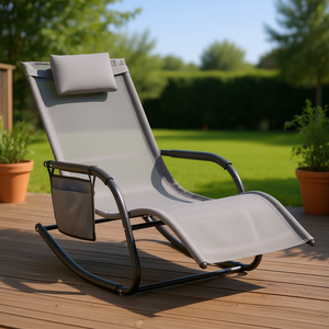 Fauteuil inclinable d'extérieur en tissu gris avec coussin amovible et poche pour terrasse et jardin - Product Image 2