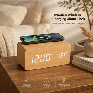 Réveil de chevet en bois avec chargeur sans fil rapide Qi et affichage numérique LED de la température pour chambre et bureau - Product Image 1