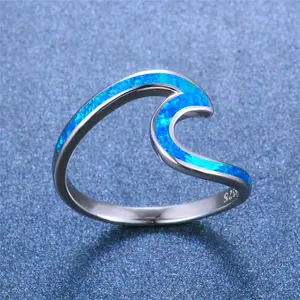 100% Real 925 Sterling Silver Opal Wave Rings For Women White Blue Fire Birthstone Jewelry