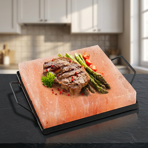 Placa de Sal Rosa del Himalaya Natural Tallada, Nueva, de Calidad Premium, con Soporte de Hierro, Ecológica, 30x20x5cm, Bandeja para Sal - Product Image 1