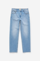 Jean décontracté pour homme en denim 100 % coton coupe droite de qualité supérieure, ajustement personnalisé, avec bouton de marque et patch en cuir, bleu délavé