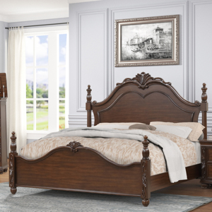 Ensemble de meubles de chambre classique marron foncé sculpté : Lit à baldaquin, commode avec miroir, table de chevet et meubles de rangement - Product Image 1