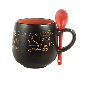 Custom Promotion Gift Inner Color Hot Chocolate Tea Milk Ceramic Souvenir Coffee Mug With Spoon In Handle