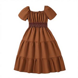 <b>Summer</b> Casual <b>Teen</b> Girls Breathable Solid Knee-Length Fashion Square-neck Bubble Short-sleeved Fitted A-line Waistline <b>Dress</b> - Product Image 4