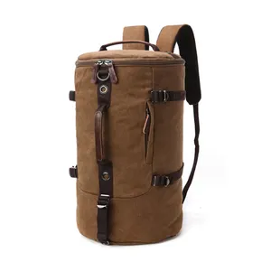 Custom travel knapsack plain vintage back pack male cylinder rucksack hipster canvas leather backpack for men