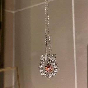 S925 Pure Silver Princess Style Bow <b>Pink</b> Diamond <b>Necklace</b> Versatile Daily Use Collarbone Light Luxury Sweet Fashion Pendant - Product Image 1