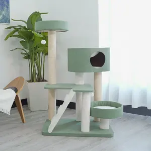 2024 Modern Green X Size Climbing Wooden Double Wood Post Large Big Tall Pet Scratcher Cat Houses Tree Tower Condo